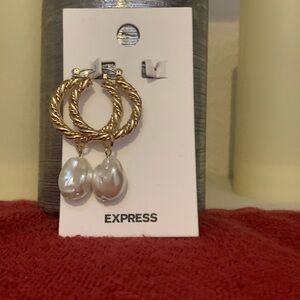 Express Gold Twist Hoop Earrings With Pearl Drop Statement Jewelry